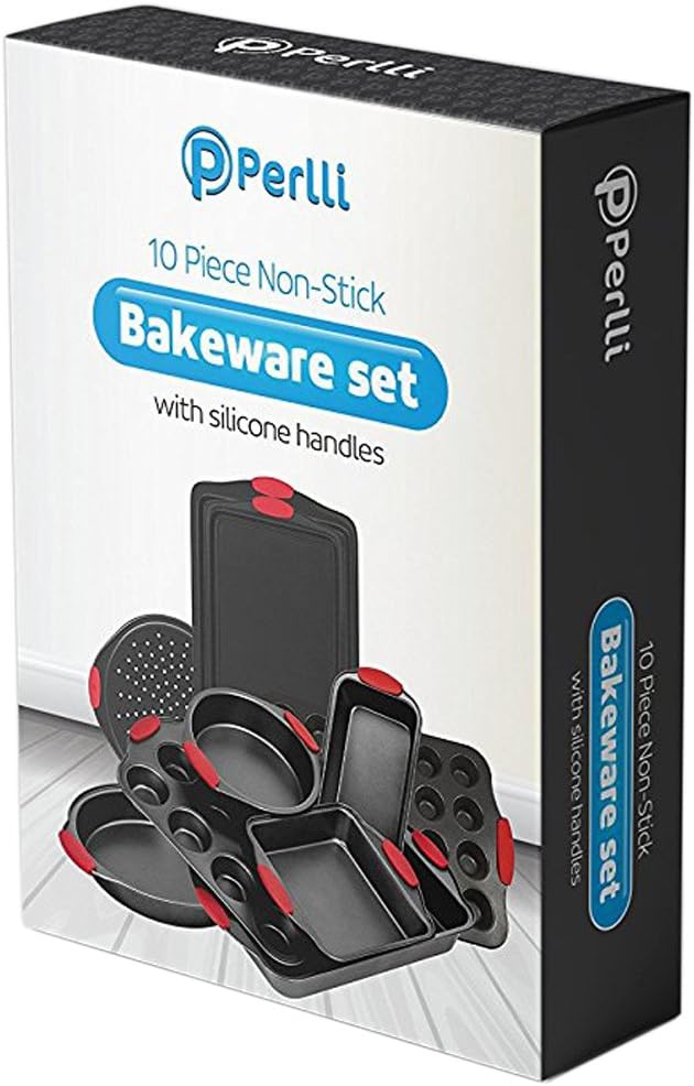 Perlli 12-Piece Nonstick Bakeware Set - Durable Carbon Steel with Red Silicone Handles | Ideal for Cakes, Loaves & Muffins