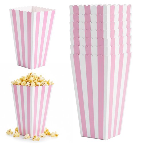 ZeriLion 24 Pack Pink Popcorn Boxes | Striped Pink and White Popcorn Containers | for Movie Night, Party Favors