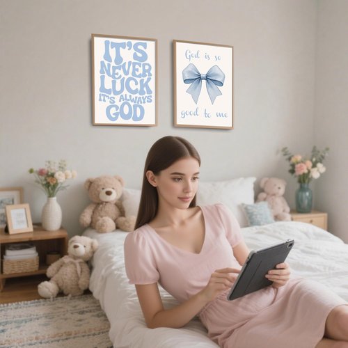 EVER-GOING TUNE Gray Blue Jesus Wall Decor Set of 4 - Inspirational Bible Verse Art for Girls' Bedrooms | 8x10 Unframed