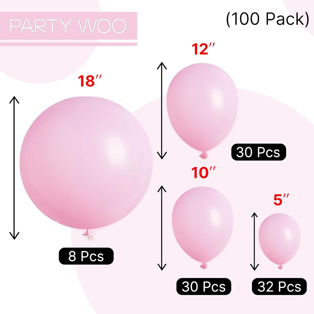PartyWoo Baby Pink Balloons - 100 Pcs in Various Sizes for Baby Shower & Birthday Decor | Arch Kit & Garland