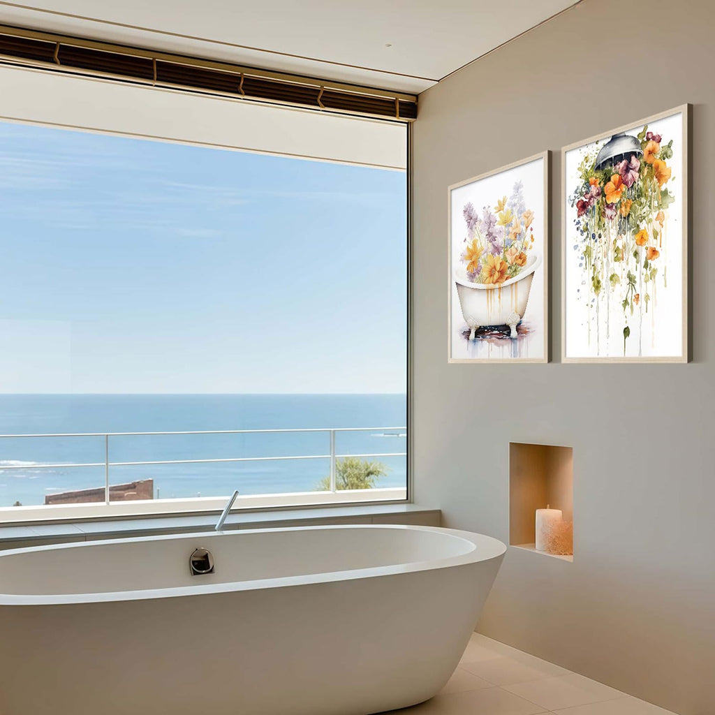 2Pcs Framed Bathtub and Shower Flower Canvas Wall Art Modern Gallery Prints Bathroom Wall Decor Pictures Floral Poster Artwork Living Room Bathroom Apartment 16X24 Inch Ready to Hang