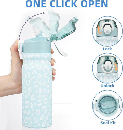 BJPKPK Insulated Water Bottle - 18oz Stainless Steel Flask with Straw & Carry Handle | Light Blue Leopard