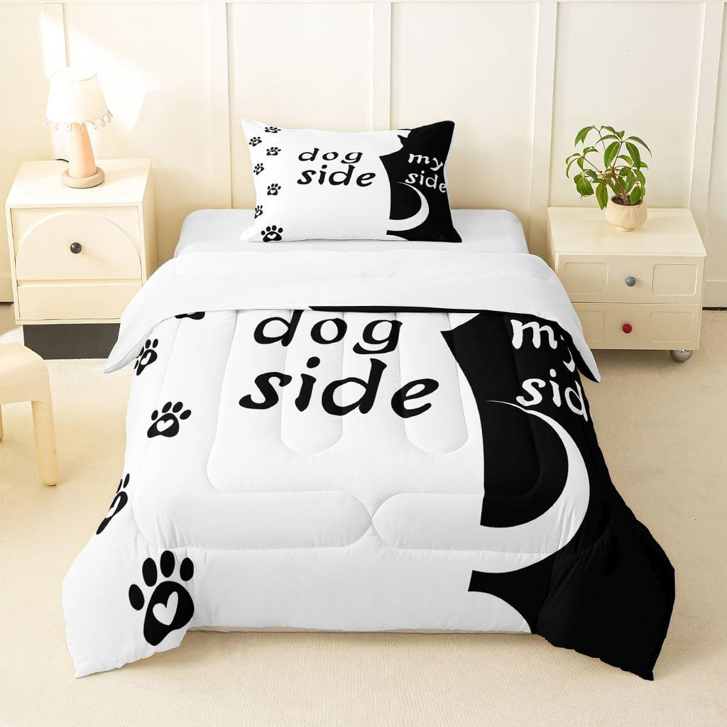 Erosebridal Dog Side and My Side Comforter Set King Size for Couple Women Girls Romantic Theme Bedding Black White Cute Dog Duvet Insert Teens Kids Kawaii Puppy Quilt Bedroom Decor Bedding