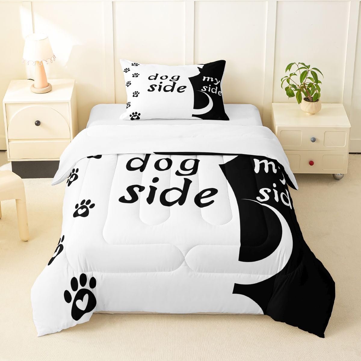 Erosebridal Dog Side and My Side Comforter Set King Size for Couple Women Girls Romantic Theme Bedding Black White Cute Dog Duvet Insert Teens Kids Kawaii Puppy Quilt Bedroom Decor Bedding