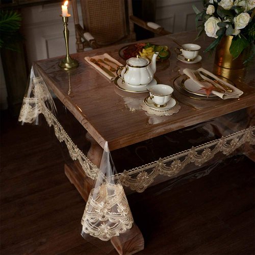 ARTABLE Vinyl PVC Rectangle Tablecloth Waterproof Clear Table Cover with Champagne Lace Macrame Border for Wedding Kitchen Home Outdoor Indoor Holidays Party Decor (Champag, 60 x 104 Inch)
