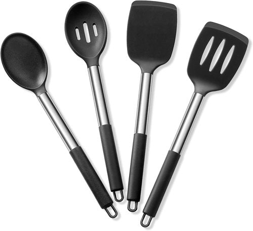 E-far Silicone Cooking Utensils Set - Heat Resistant, Non-Toxic Kitchen Tools for Non-Stick Cookware | 4-Piece Set in Black