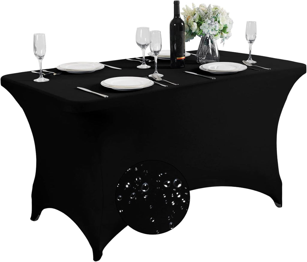 SuperO Waterproof Spandex Table Cover - Fitted Stretch Tablecloth for 4FT Tables | Black, Ideal for Events