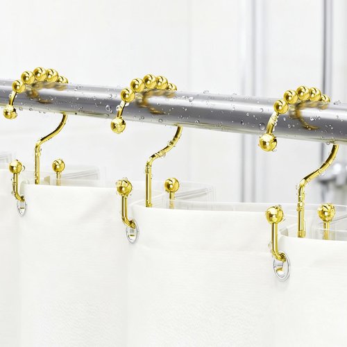 Upgraded 304 Stainless Steel Shower Curtain Hooks, 12-Pack Rust-Proof Heavy Duty Gold Shower Curtain Rings, Double Hook Glide Shower Hooks Rings, Bathroom Hardware Set