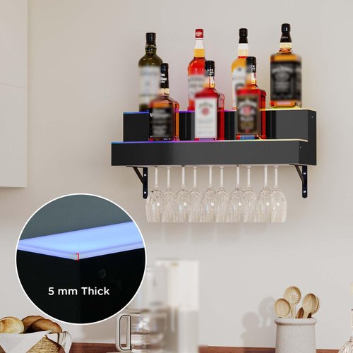 Dethan 2 Tier 24 Inch LED Lighted Liquor Bottle Display Shelf - Wall-Mounted Wine Rack with Multi-Color App & Remote Control, Adjustable Brightness & Sound Modes, Acrylic Bar Shelves for Home Bars