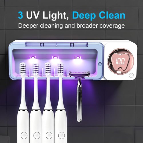 Bathroom Toothbrush Holder, Labelable with User Name, Multi-Slot Toothbrush Cleaner, Rechargeable Toothbrush Holder, Wall Mounted, for Bathroom, No Drilling Required, 5 Slots