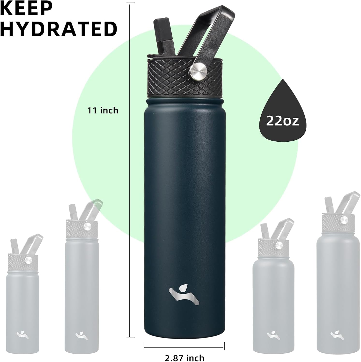 Skiennix 22oz Stainless Steel Insulated Water Bottle - 3 Lids, Navy Blue