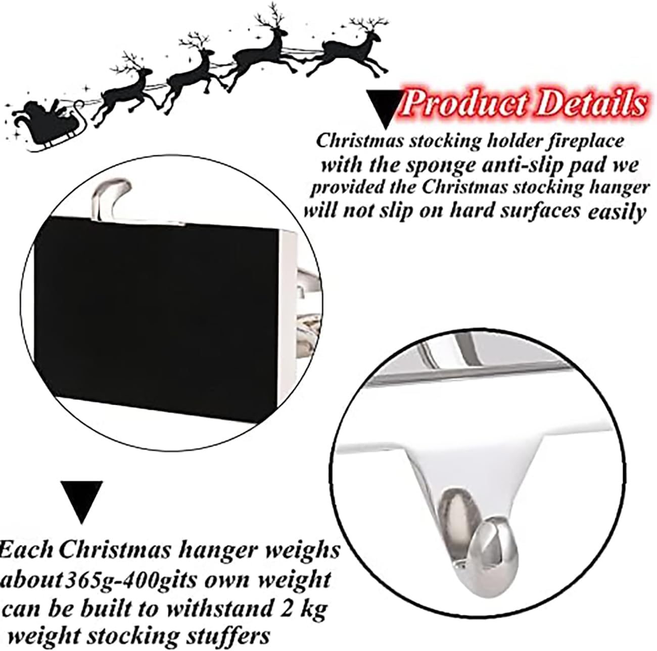 Cesdai Reindeer & Sleigh Stocking Holder Set for Mantle Set of 4,Deer Stocking Hangers for Firepiece,Christmas Decorations Mantel Hanger for Stocking/Garland (Silver with Gold)