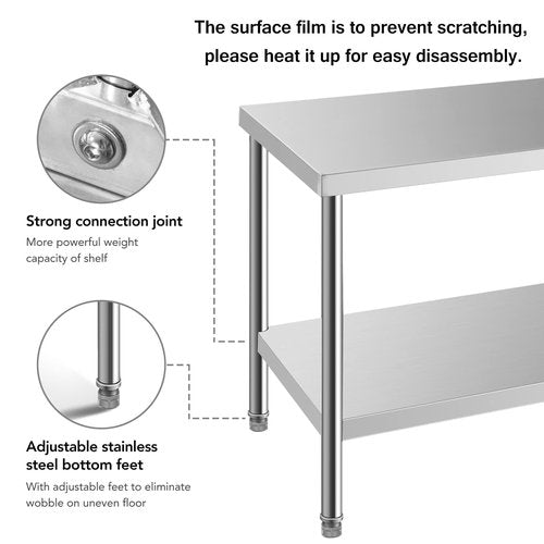 HXCFYP NSF 24 x 12 Inches Stainless Steel Table for Prep & Work, Commercial Heavy Duty Food Prep Worktable with Undershelf for Restaurant, Hotel，Small Kitchen, Food Truck, Home Bars