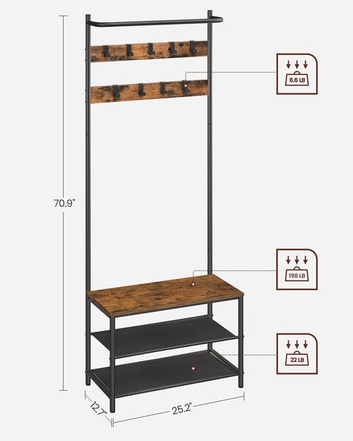 VASAGLE Hall Tree with Bench and Shoe Storage, Entryway Bench with Coat Rack Stand and Shoe Rack, 9 Movable Hooks, Top Bar, Fabric Shelves, Industrial, Rustic Brown and Black UHSR411B01