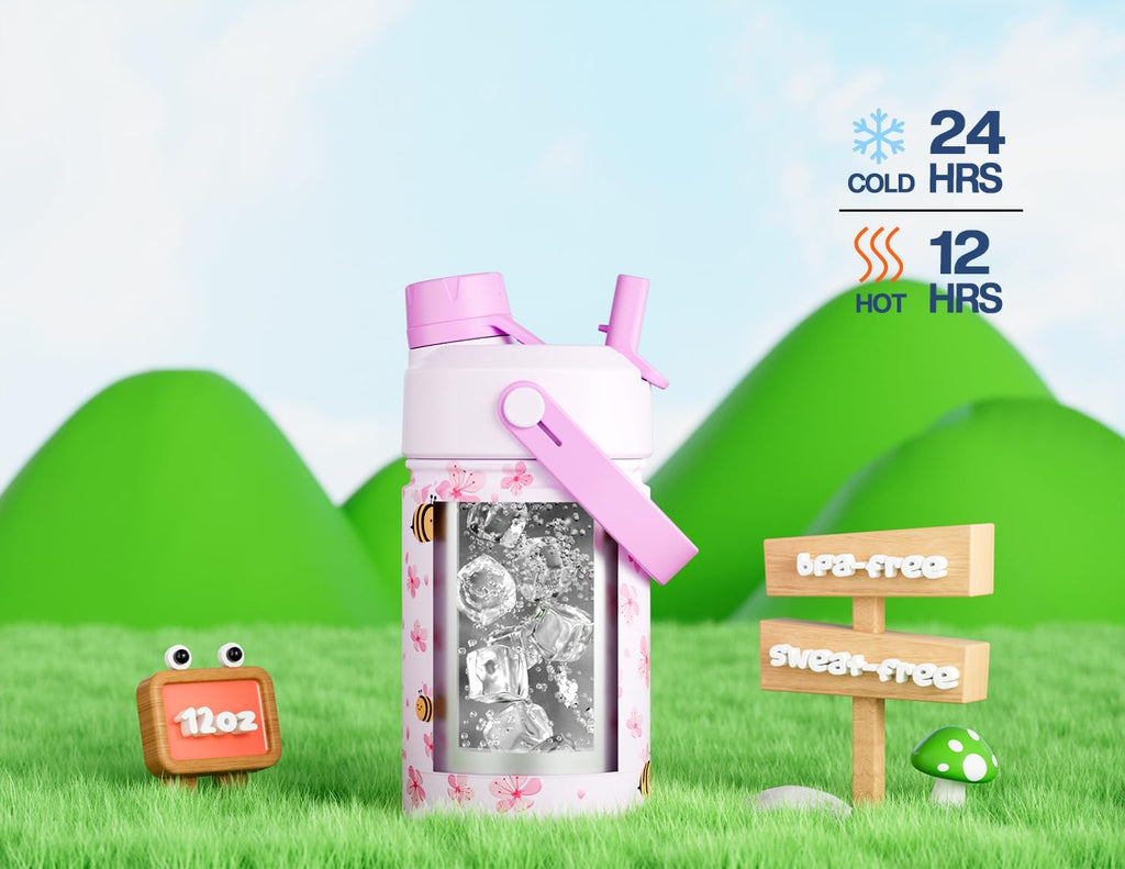 Skiennix 12 oz Kids Stainless Steel Water Bottle - Leakproof 2-in-1 Straw Lid, BPA-Free, Cute Bee Design