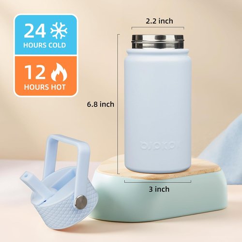 BJPKPK Insulated Water Bottle - 15oz Stainless Steel Thermo with Straw Lid | Cute & Leak-Proof Light Blue