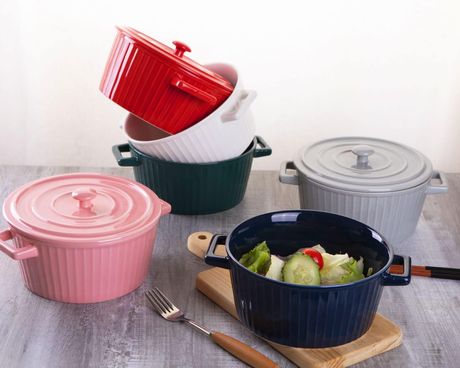 WHJY Ceramic Casserole Dish - Colorful White 1 Quart Bakeware with Lid for Oven Cooking