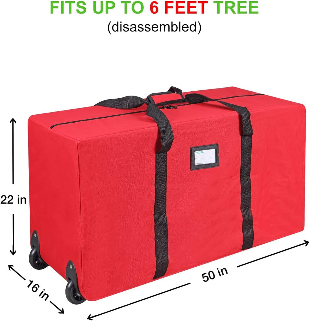 ProPik Holiday Rolling Tree Storage Bag - Heavy Duty Xmas Container for 6 ft. Trees | 22"x16"x50" | Red with Wheels & Handles