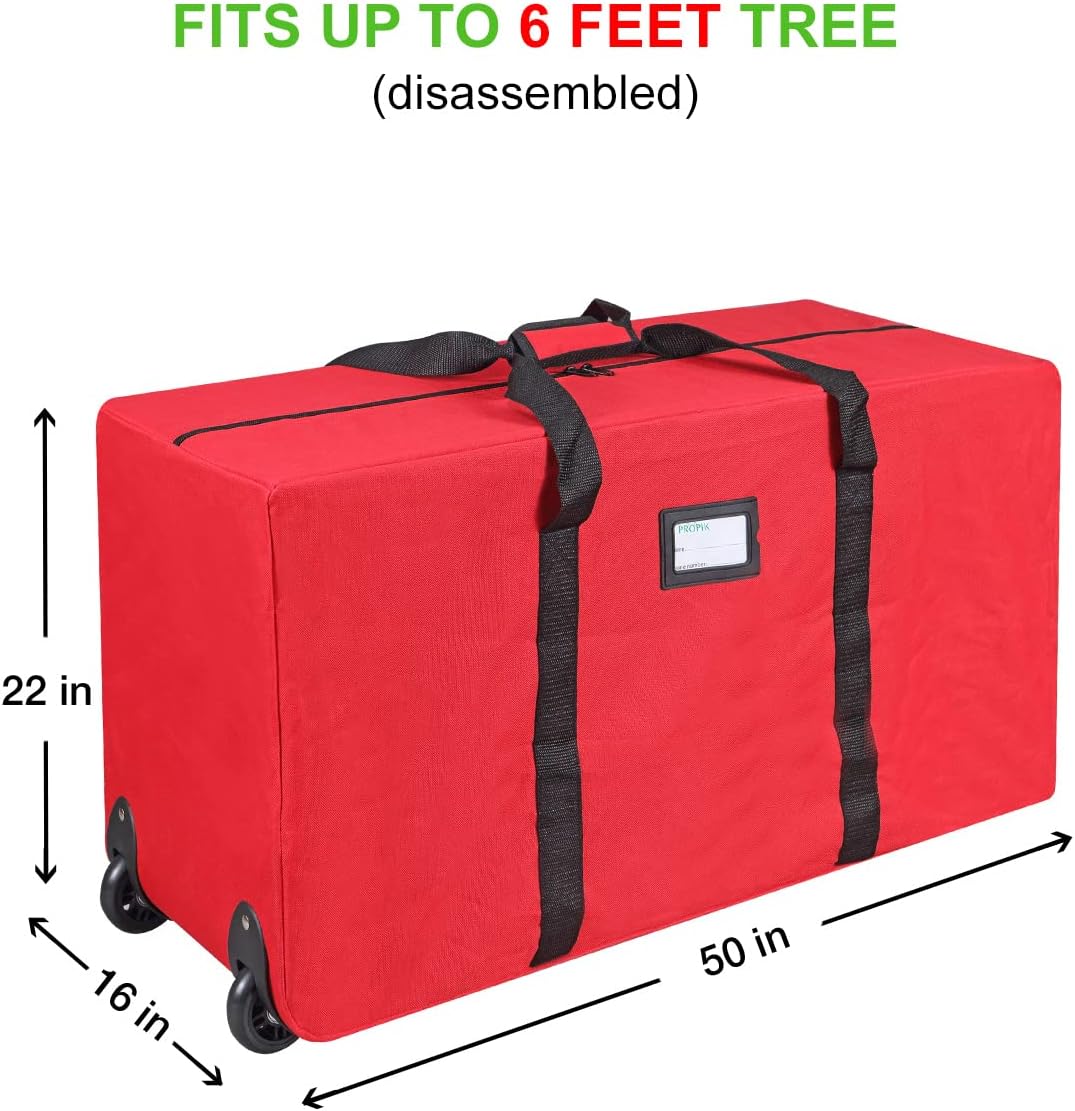 ProPik Holiday Rolling Tree Storage Bag - Heavy Duty Xmas Container for 6 ft. Trees | 22"x16"x50" | Red with Wheels & Handles