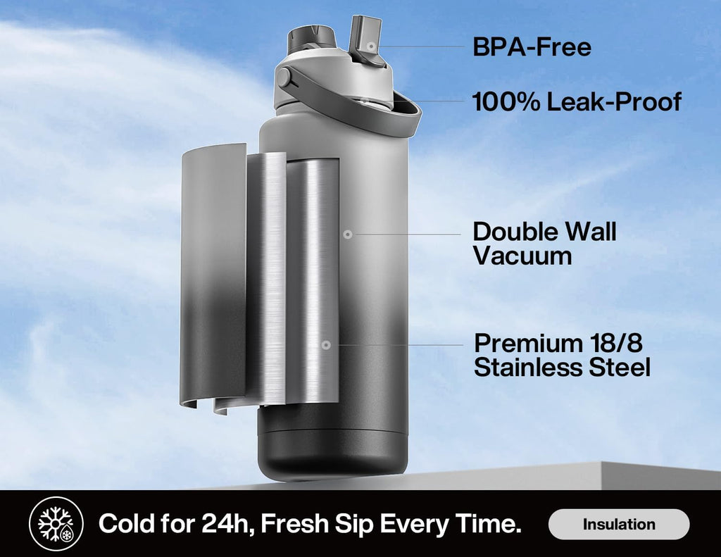 POWCAN 40 oz Insulated Water Bottle - 2-in-1 Straw & Spout Lid | Keeps Drinks Cold 24H, Leak-Proof, BPA-Free (Obsidian)