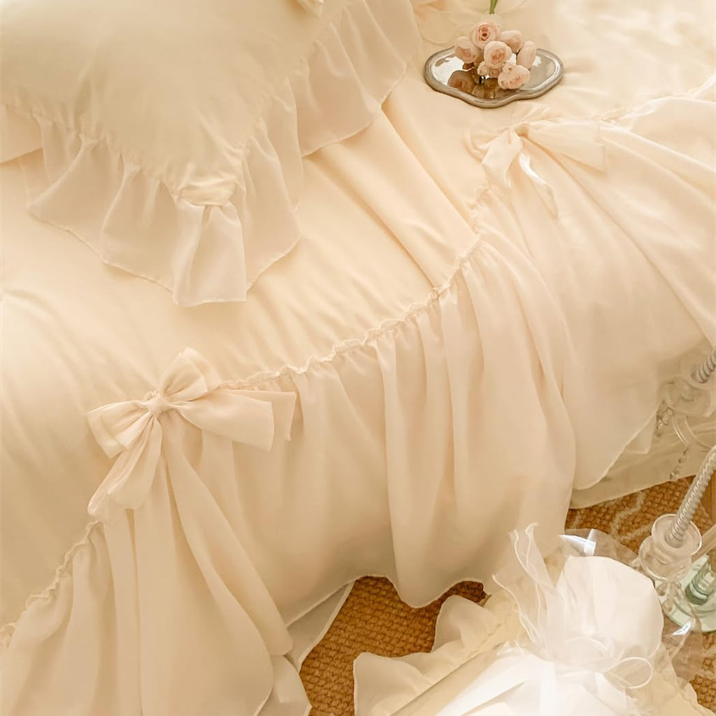 IHOUSTRIY Duvet Cover Twin Size, Ruffle Beddding Set with Bowtie, 2 Pieces Comforter Cover Set with Zipper Closure, Girl Princess Bedding with Pillowcase - Cream Yellow, Twin