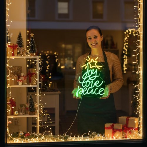 Christmas Tree Neon Sign - USB Powered LED Wall Decor for Peace, Love & Joy | Perfect Holiday Gift