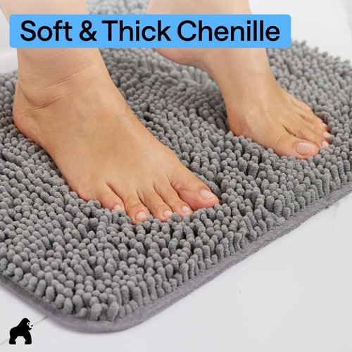 GORILLA GRIP Bath Rug Mat - Soft Absorbent Chenille | Quick-Dry Microfiber, 36x24, Grey