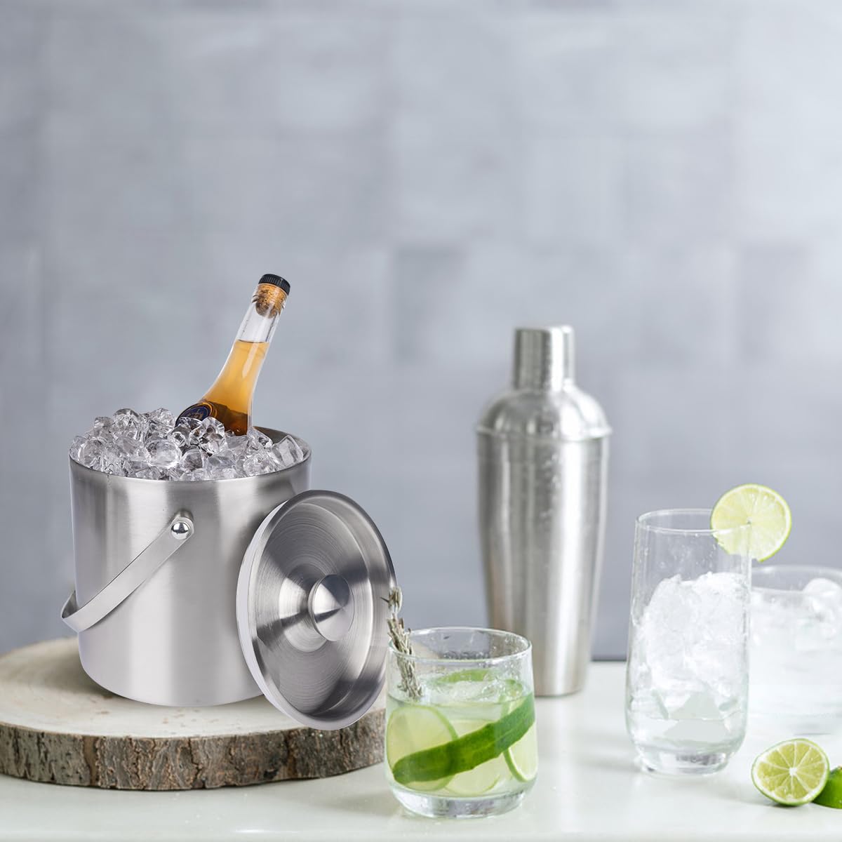 3L Double-Wall Insulated Stainless Steel Ice Bucket with scoop for Cocktail Bar - Metal Ice Bucket for freezer with Lid for parties, Camping,and More!champagne bucket,bar cart accessories (silver)