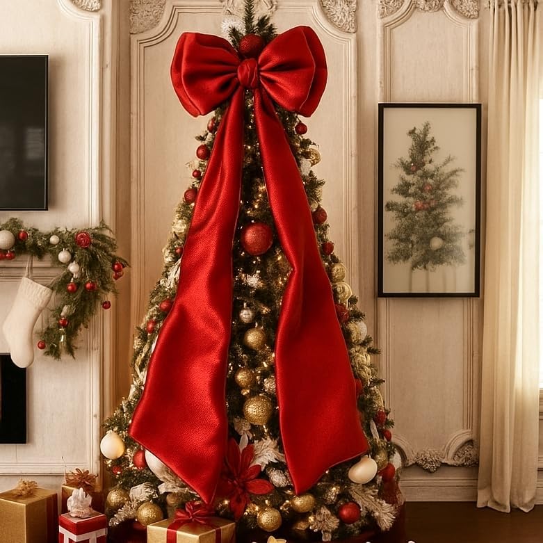 Skiennix Christmas Tree Topper Bow - Giant 75x19 Inch Red Satin Decor for Weddings & Parties