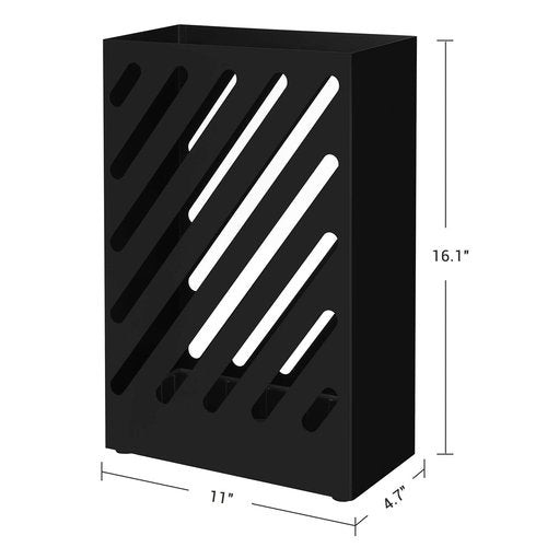 SONGMICS Metal Umbrella Stand, Rectangular Umbrella Holder Rack, with a Removable Drip Tray, 4 Hooks, Hollow-Out Design, for Entryway, Office, Black ULUC03BK