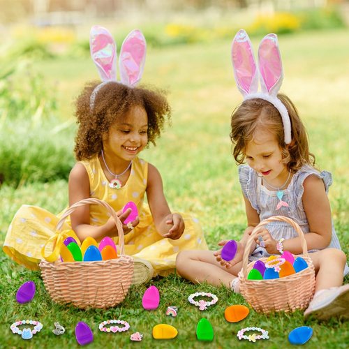 Vellibring 12 Pack Prefilled Easter Eggs with 36 pcs Cute Bracelets Necklaces Rings Easter Basket Stuffers Egg Fillers for Girls Party Favors Kids Toddler Presents