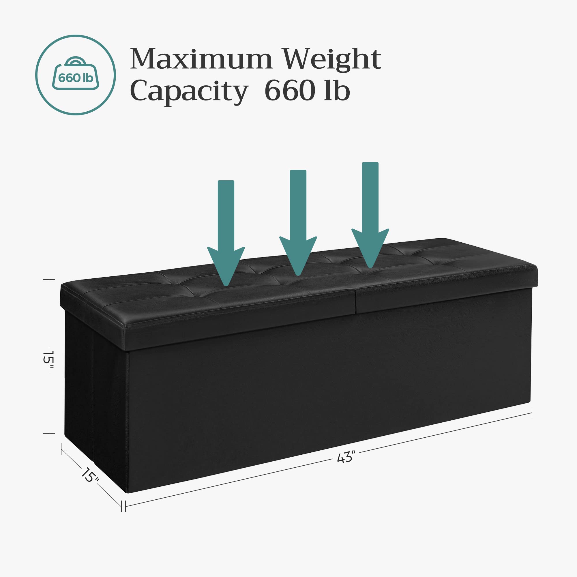 SONGMICS MAZIE Collection - 43 Inches Storage Ottoman Bench with Flipping Lid, Storage Chest with Iron Frame Support, Load 660 lb, for Living Room, Bedroom, Synthetic Leather, Black ULSF75BK