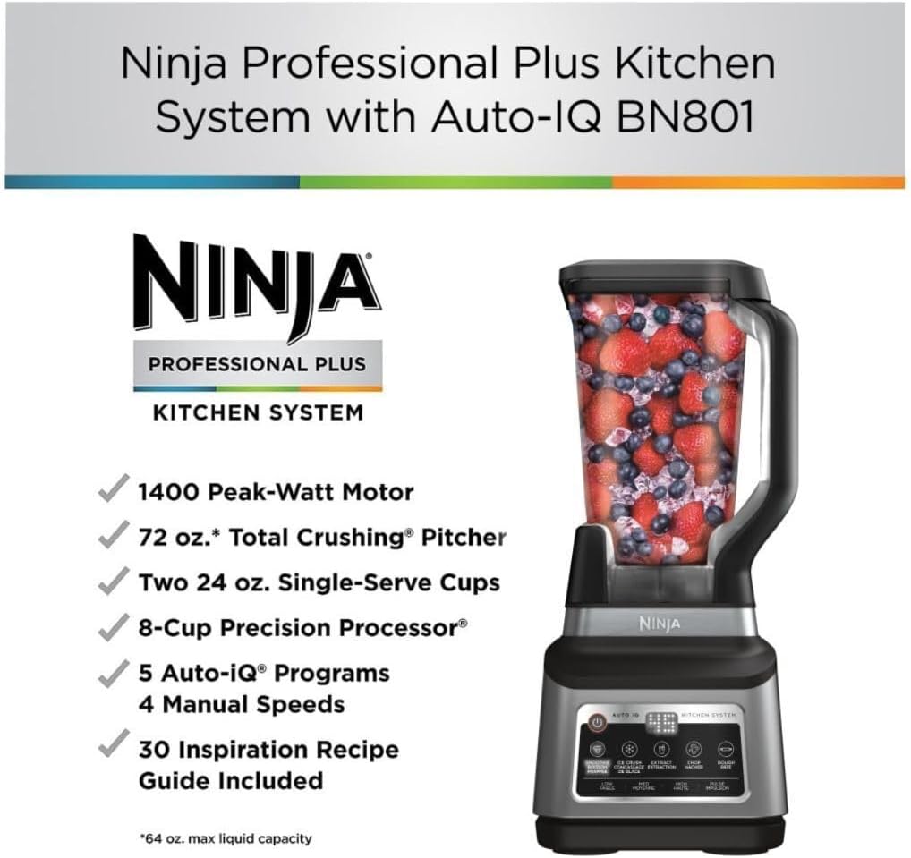 Ninja BN801 Professional Plus Kitchen System - 1400W Auto IQ Blender | Gray (Renewed)