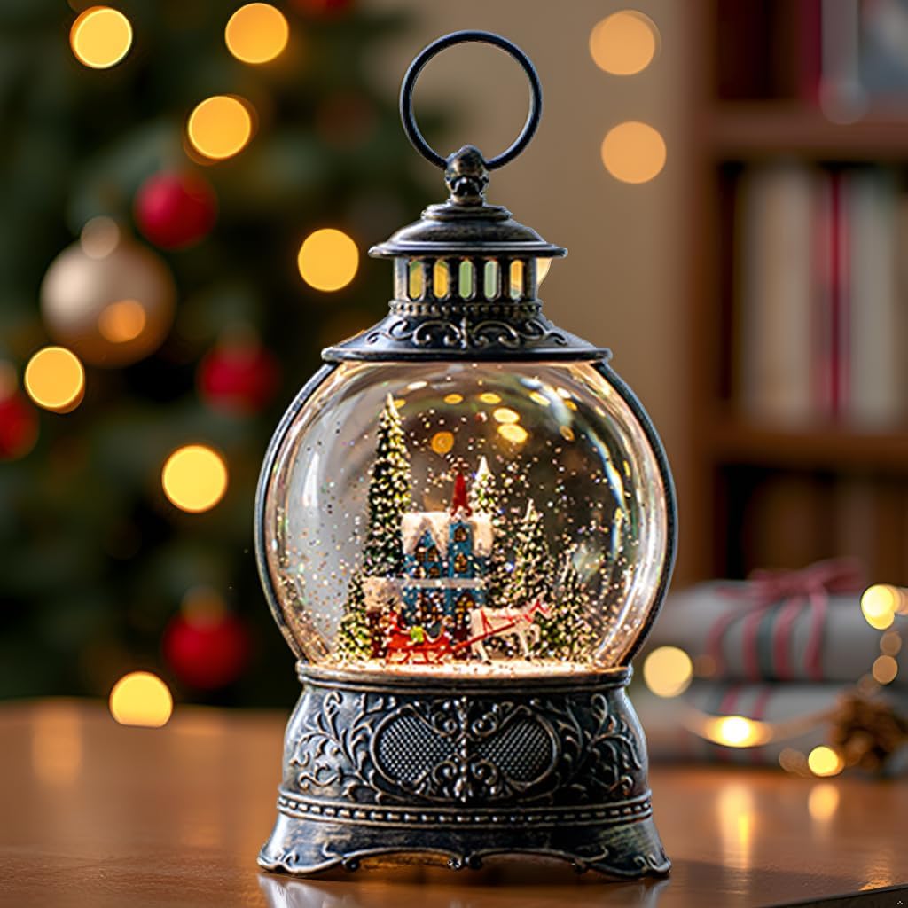 Regine Switzerland Christmas Snow Globe - Musical Water Lantern with Carriage & Blue Church | 6-Hour Timer, USB/Battery Operated