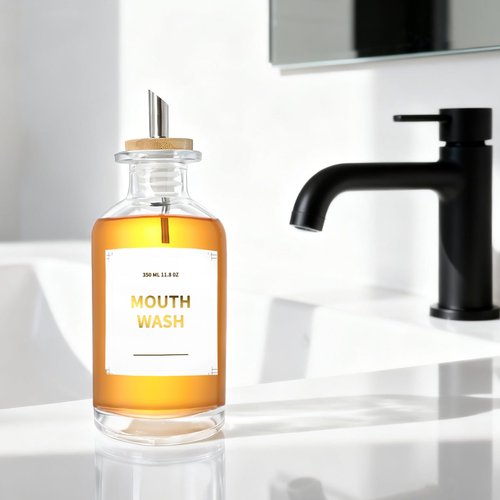 Glass Mouthwash Dispenser for Bathroom with Stainless Steel Nozzle, Reusable Mouthwash Cup and Elegant Gold Sticker(11.8OZ/Clear)