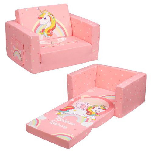 ALIMORDEN 2-in-1 Flip Out Comfy Toddler Couch, Lovely Kids Chair Convertible Sofa to Lounger for Story/Nap Time, Pink Unicorn