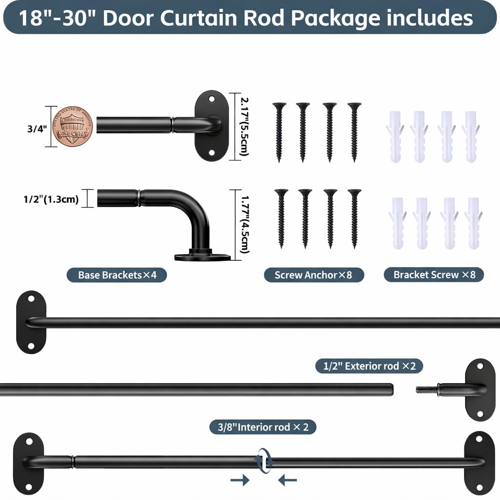 OICIPT 2 Pack French Door Curtain Rod, Screw-Mounted Sash Rods Adjustable 18–30 Inch, 1/2" Diameter Wrap Around Curtain Rods for Doors & Small Window, Black