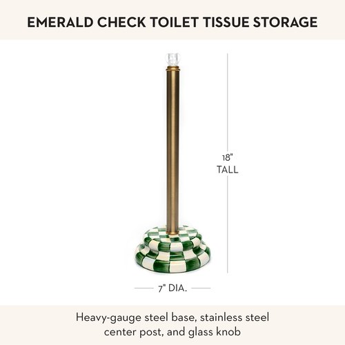 MACKENZIE-CHILDS Enamel Toilet Tissue Storage, Decorative Toilet-Paper Holder Stand for Bathroom, Green-and-White Emerald Check