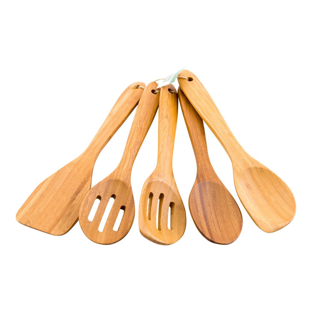 Restaurantware 12 Inch Bamboo Utensils For Cooking 1 Bamboo Utensil Set - Includes 5 Utensils No Stick Bamboo Wood Kitchen Utensils For Cooking Stirring Or Mixing