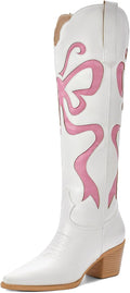 Skiennix Cowgirl Boots - Stylish Women's Knee-High Cowboy Boots with Colorful Bow Embroidery | White, Pointed Toe, Chunky Heel