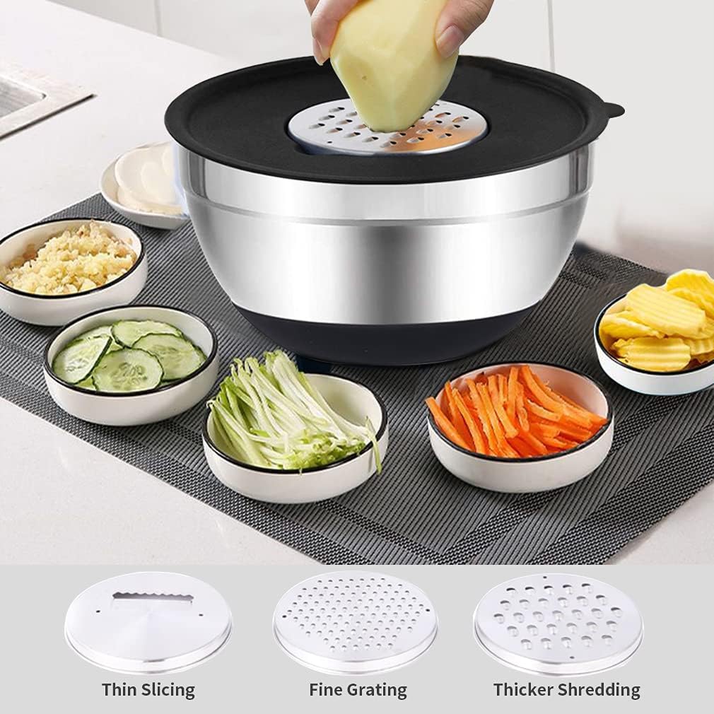 Rottay Mixing Bowls Set - 20PCS Stainless Steel Nesting Bowls with Airtight Lids & Grater Attachments | Non-Slip Bottoms