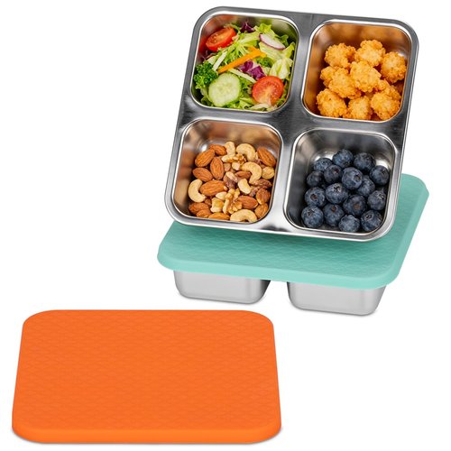 SUMERX 2 Pack Snack Box Containers Set, Stainless Steel 4 Compartment Lunchable Container, Reusable Food Storage Containers with Lids for Travel, Outdoor, Camping, Work(Orange/Blue)