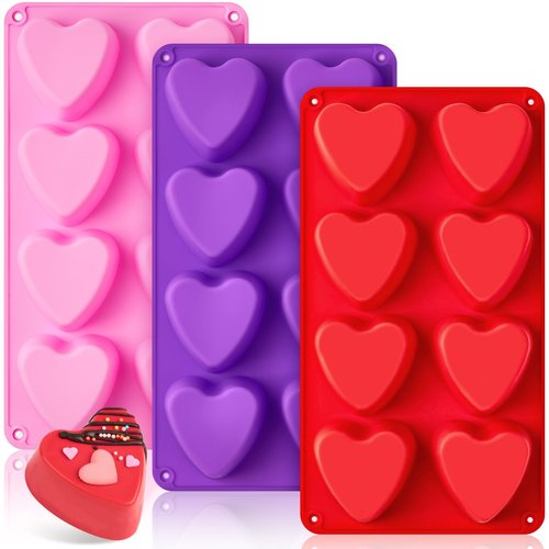 CLUEWR 3 Pack Heart Shape Molds, 8 Cavities Non-Stick Silicone Chocolate Molds for Candy, Mini Cake, Jello, Gummy, Ice Cube, Soap