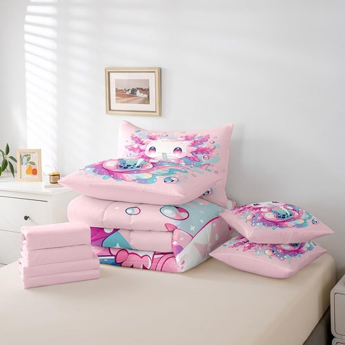Erosebridal Axolotl Comforter Cute Salamander Pattern Kawaii Bedding Set 7 Pieces Twin Size Sweet Dessert Milk Tea Sheet Set Ocean Beach Coastal Flat Sheet for Kids Girls Boys Bedroom Decor,Pink