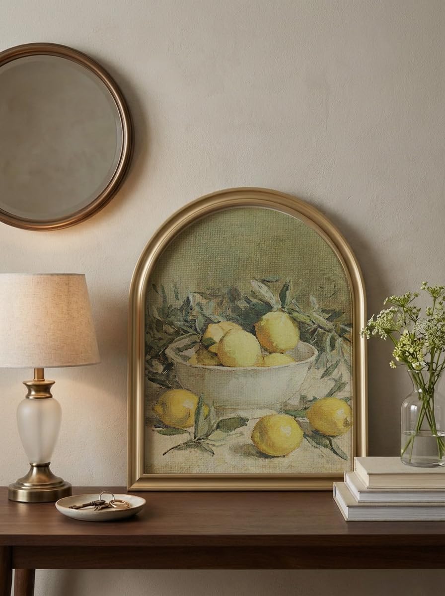 TwoDays Vintage Rustic Lemon Wall Art - Gold Arched Wood Frame Canvas Picture for Kitchen & Dining (11" x 13.8")