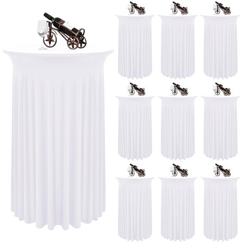 REWOMC 10 Packs Round Cocktail Table Skirt 24"x 43" Spandex Stretch Cocktail Tablecloth with Wavy Drapes, White Spandex Fitted High Top Table Covers for Wedding Bar Party Birthday Banquet Tables