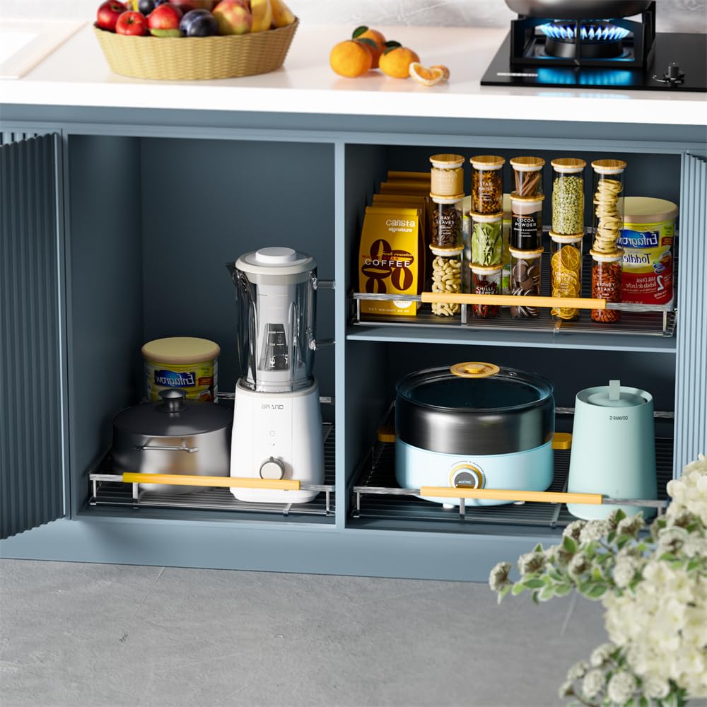 SANNO Chrome Expandable Pull Out Kitchen Cabinet Organizer, 14"-25" Width, 22.24" Depth, 2.7" Height, 2 Shelves, Modern Style, Bottom-Mounted, Easy Install, Kitchen Use
