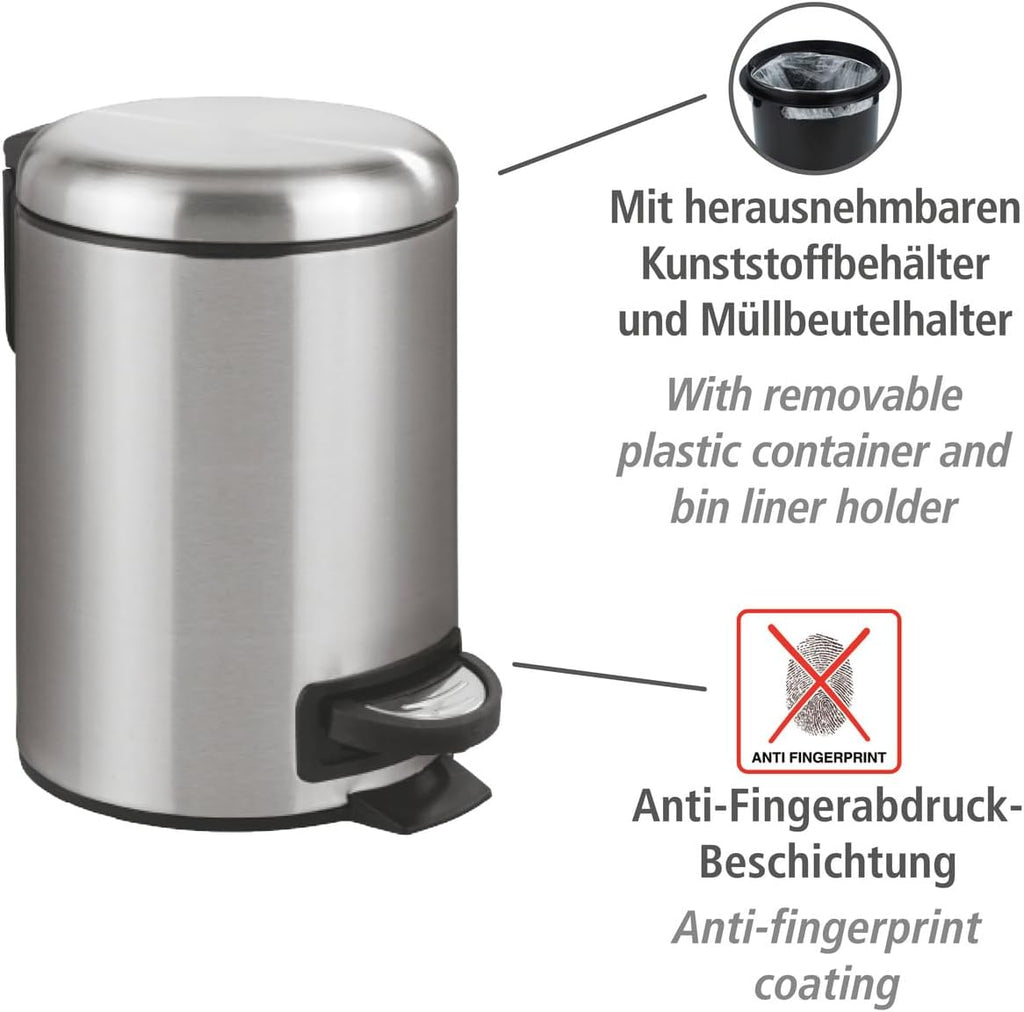 WENKO Stainless Steel Small Trash Can - Pedal Bin with Lid & Removable Inner Bucket | 0.79 Gal, Silver