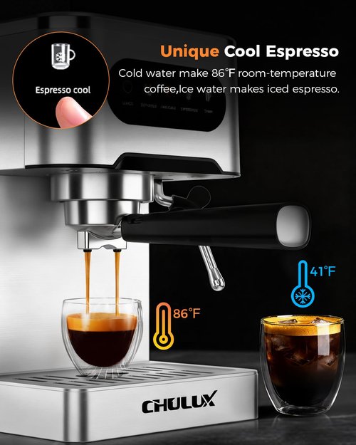 CHULUX Cold Brew Espresso Machine, 20 Bar Stainless Steel Touchscreen Cappuccino & Latte Machine with Steam Wand for Home