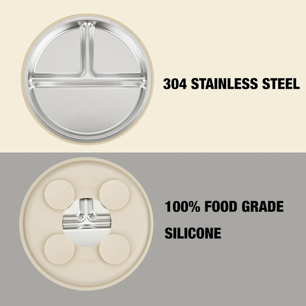 PandaEar Stainless Steel Baby Suction Plates - Non-Slip Divided Toddler Feeding Set | 3 Pack (Blue/Green/Brown)